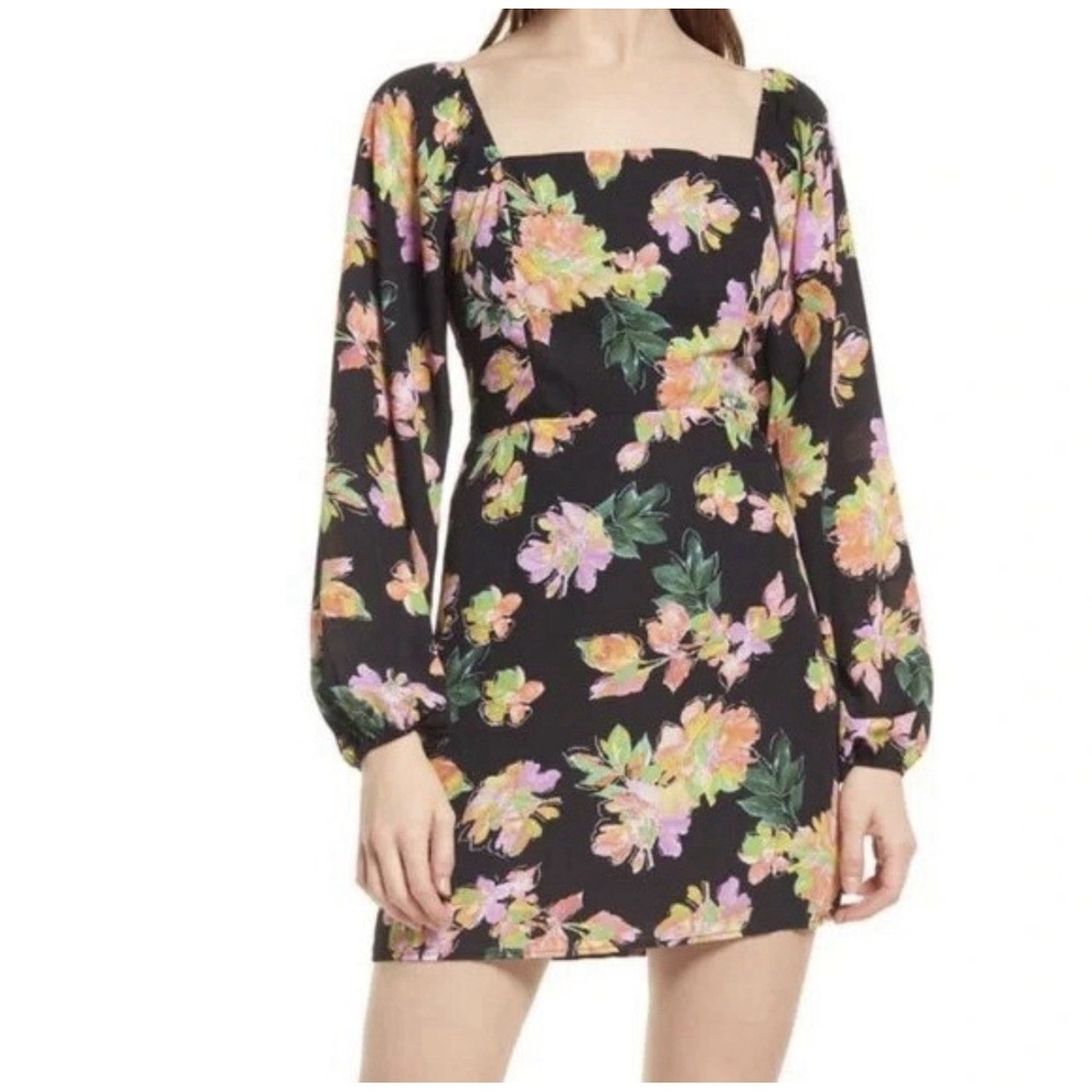 All In Favor Floral Mini Dress M Black Long Sleeve Square Neck Romantic Boho‎